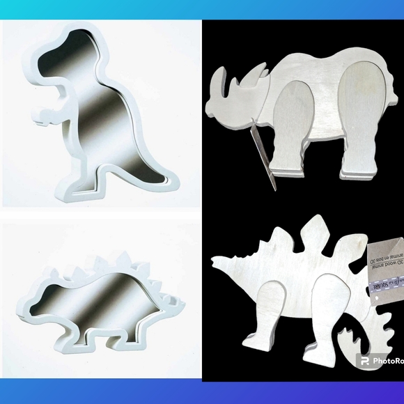 Dinosaur 6pc BUNDLE Mirror Decor & 3D Wood(T-Rex) (Rhinosarus) (Stegosaurus) NWT - Picture 1 of 12